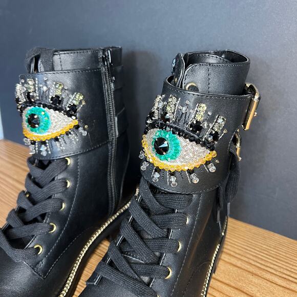 Kurt Geiger Black Leather Jeweled Sutton Eye Combat Boot Womens 35 EU - Picture 3 of 13